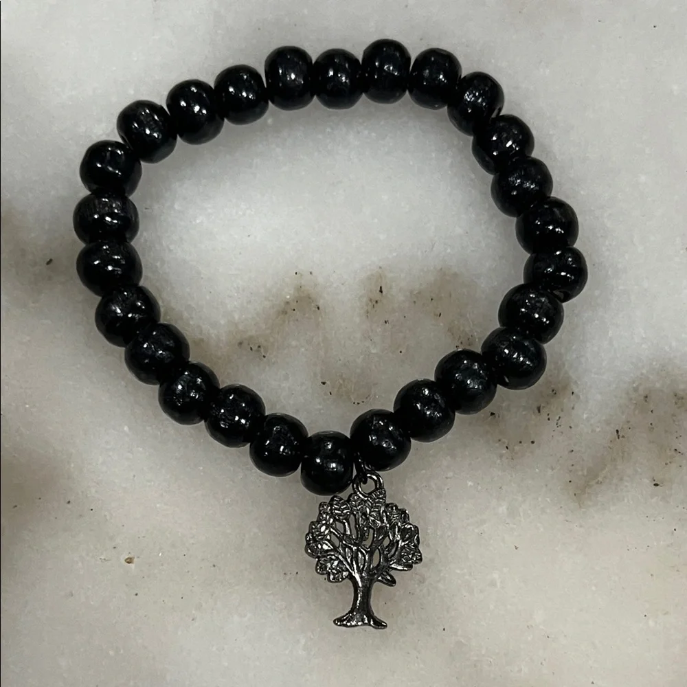 Black Beaded Bracelet with Tree Charm